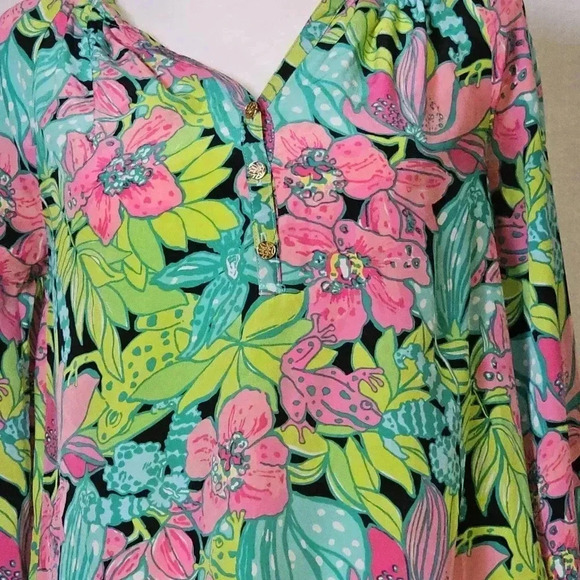 Lily Pulitzer 100% Silk Elsa Skip On It The  Frog-Floral Print Blouse SZ XS - Picture 2 of 12